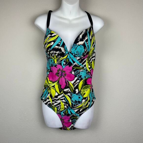 Swim by Cacique One-Piece Swimsuit 16‎ Floral Lace-Up Back Tie Vibrant Colors - Picture 1 of 8